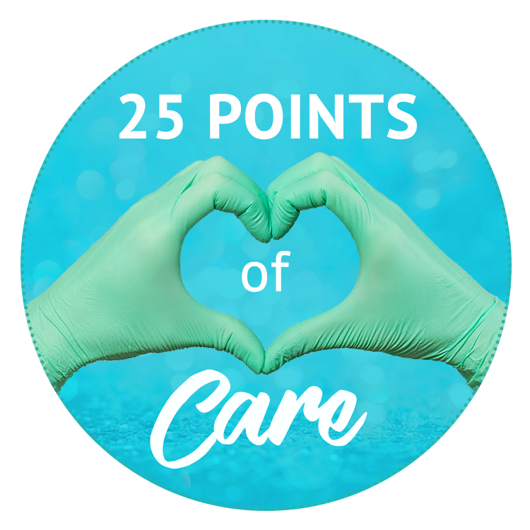 25 points of care logo, gloved hands making heart