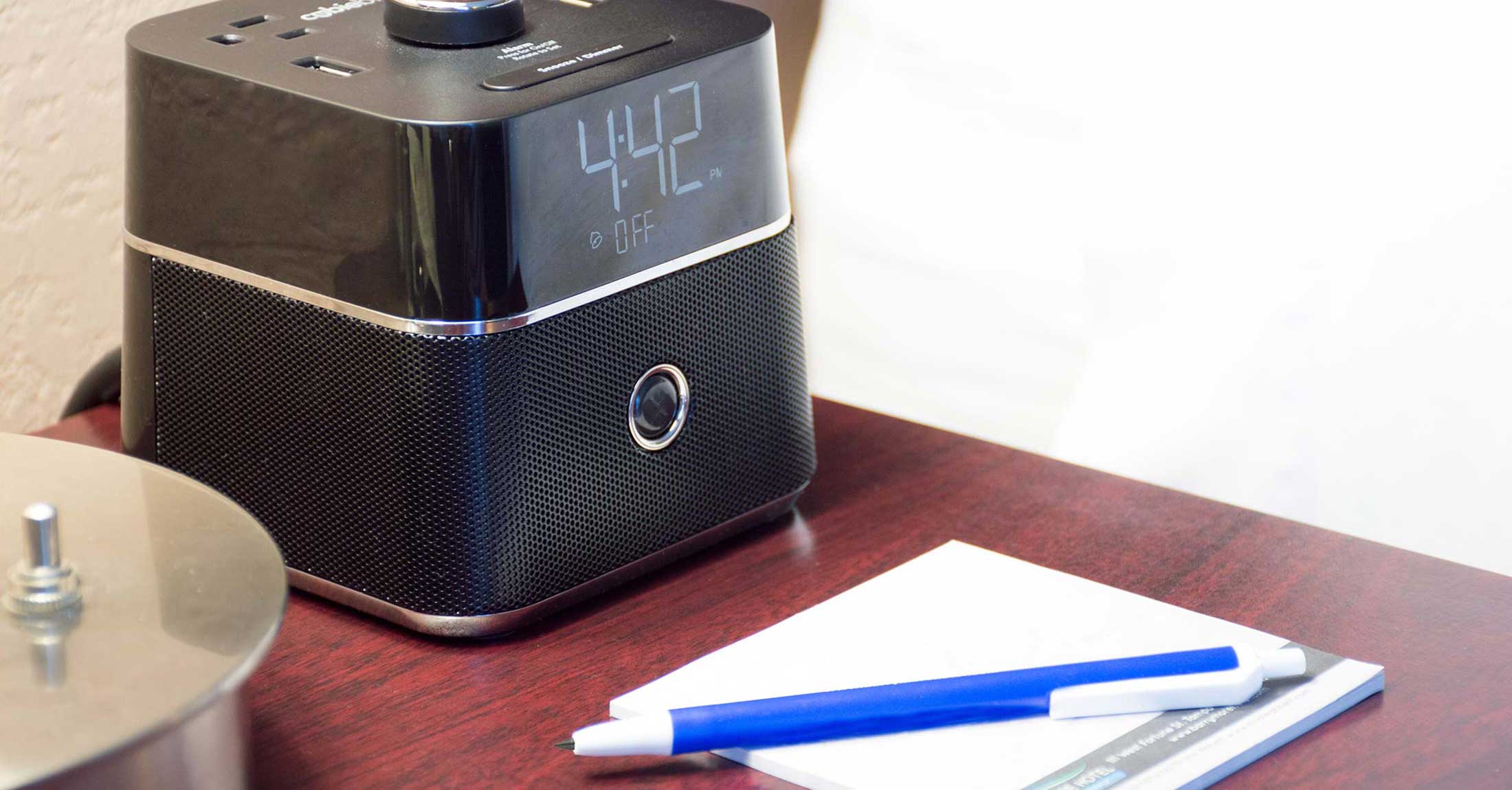 detail view of alarm clock on night stand