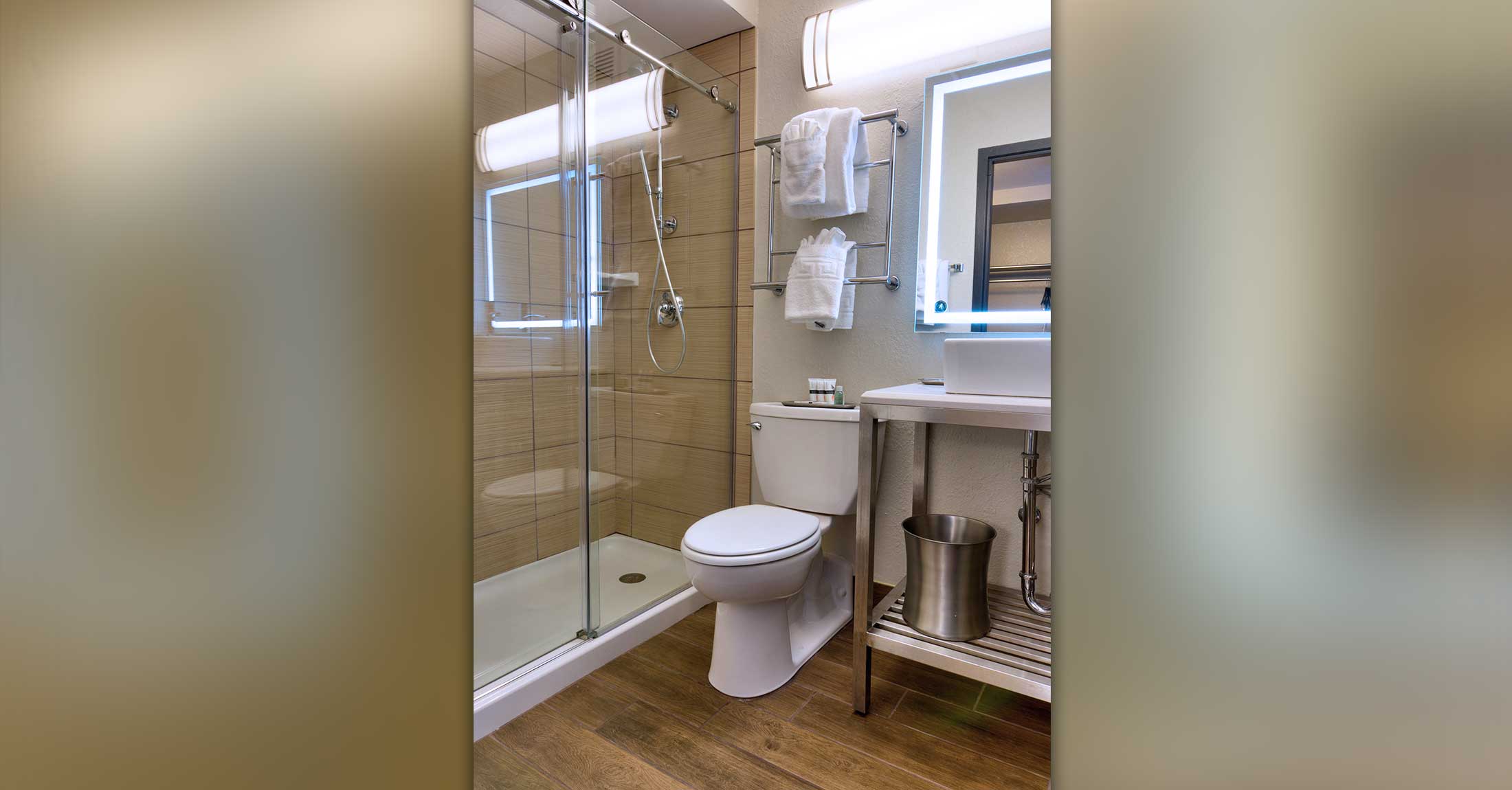 alternate view of guest room bathroom with step in shower